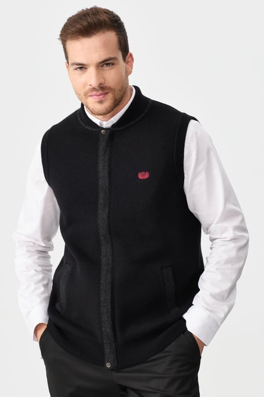 Mens Judge Collar Jacquard Zippered Vest Black