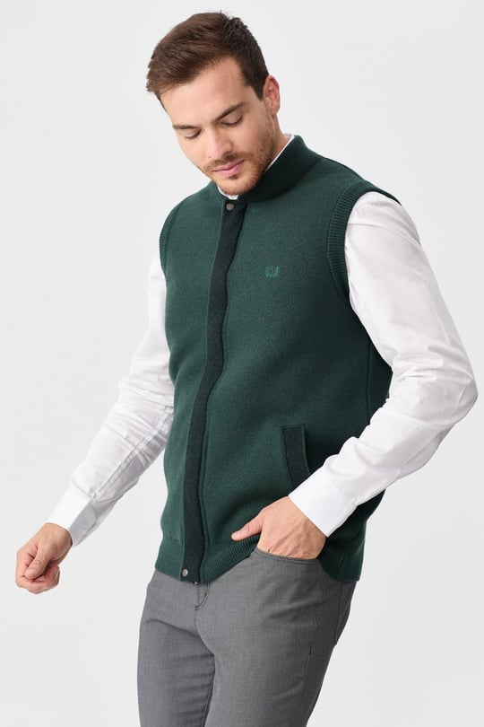 Mens Judge Collar Jacquard Zippered Vest Green