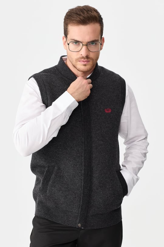 Mens Judge Collar Jacquard Zippered Vest Dark Smoky