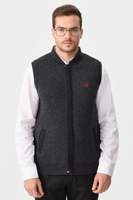 Mens Judge Collar Jacquard Zippered Vest Dark Smoky