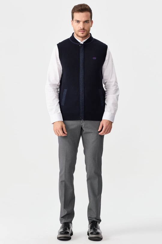 Mens Judge Collar Jacquard Zippered Vest Dark Navy