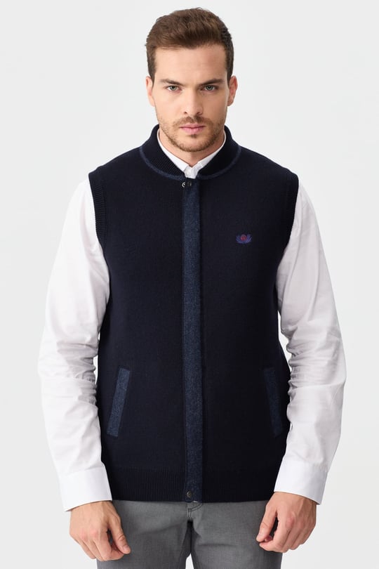 Mens Judge Collar Jacquard Zippered Vest Dark Navy