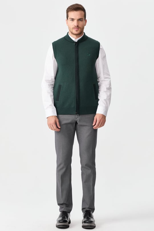 Mens Judge Collar Jacquard Zippered Vest Green
