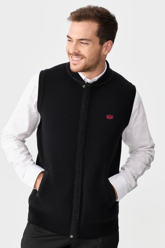 Mens Judge Collar Jacquard Zippered Vest Black