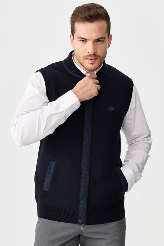 Mens Judge Collar Jacquard Zippered Vest Dark Navy