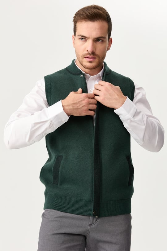 Mens Judge Collar Jacquard Zippered Vest Green