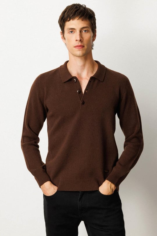 Erkek Polo Yaka Basic Yün Kazak M.Kahve