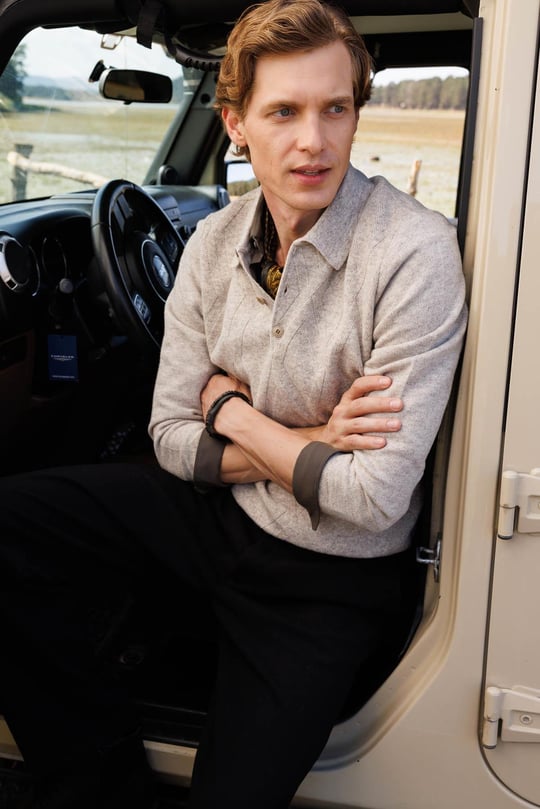 Erkek Polo Yaka Hasır Örgü Baklava Yürütmeli Yün Kazak V.Bej