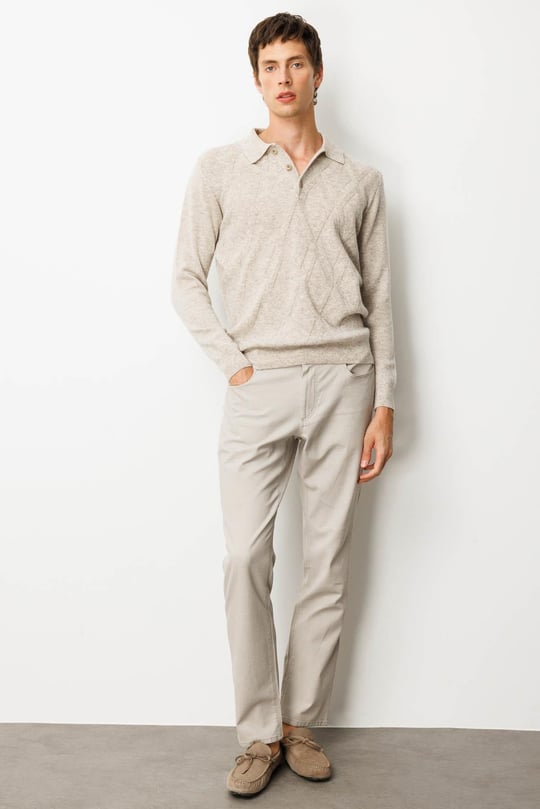 Erkek Polo Yaka Hasır Örgü Baklava Yürütmeli Yün Kazak V.Bej