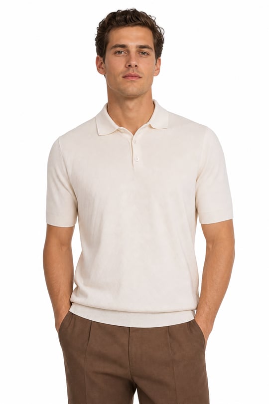 26600Erkek Polo Yaka Önü Desenli %100 Pamuk Triko Kemik