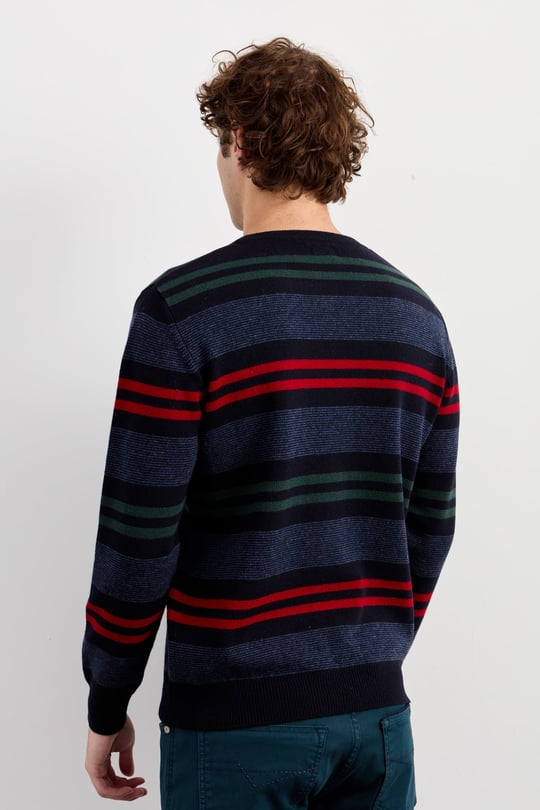 Mens Crew Neck Colorful Striped Classic Wool Sweater Dark Navy Blue