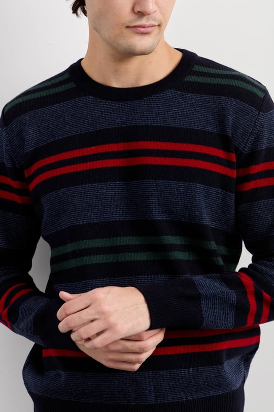 Mens Crew Neck Colorful Striped Classic Wool Sweater Dark Navy Blue