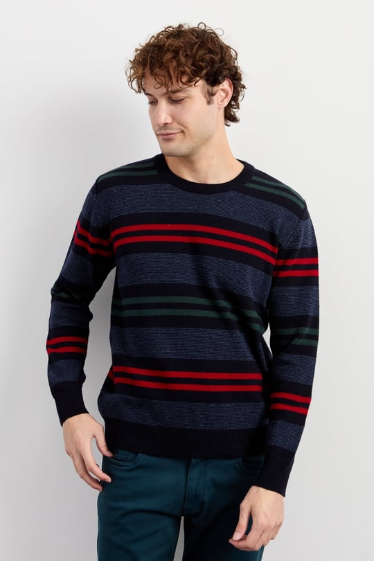 Mens Crew Neck Colorful Striped Classic Wool Sweater Dark Navy Blue