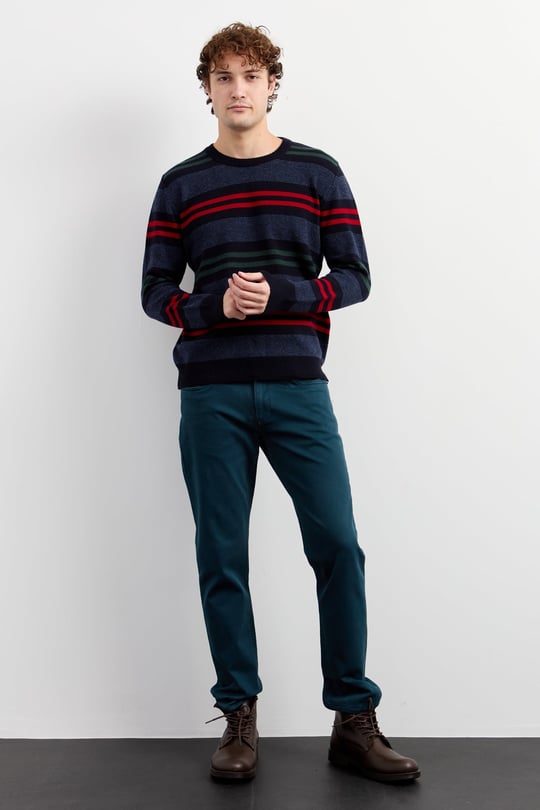 Mens Crew Neck Colorful Striped Classic Wool Sweater Dark Navy Blue