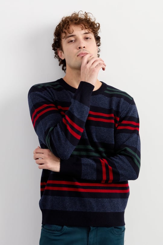 Mens Crew Neck Colorful Striped Classic Wool Sweater Dark Navy Blue