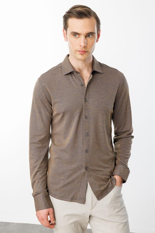 Erkek Uzun Kol Manşetli Gömlek Kahve