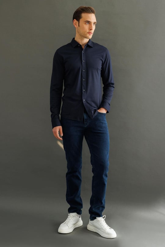 Erkek Uzun Kol Manşetli Gömlek Lacivert