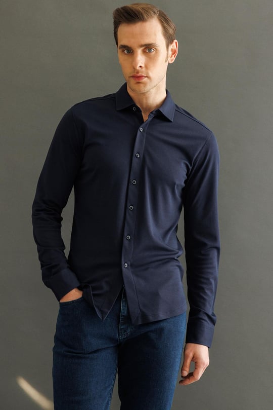 Erkek Uzun Kol Manşetli Gömlek Lacivert