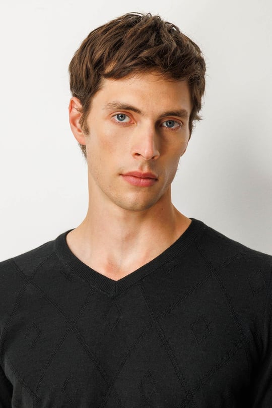 Erkek V Yaka Çizgili Baklavalı Yün Kazak Siyah