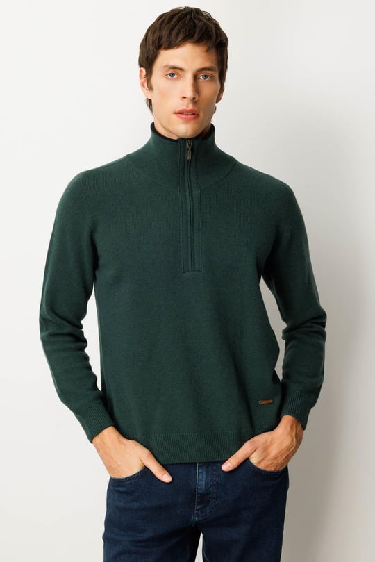 Erkek Yakası Fermuarlı Basic Yün Kazak Yeşil