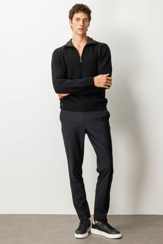 Erkek Yakası Fermuarlı Basic Yün Kazak Siyah