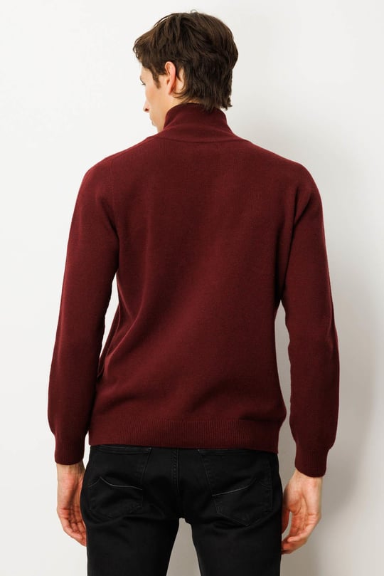 Erkek Yakası Fermuarlı Basic Yün Kazak Bordo