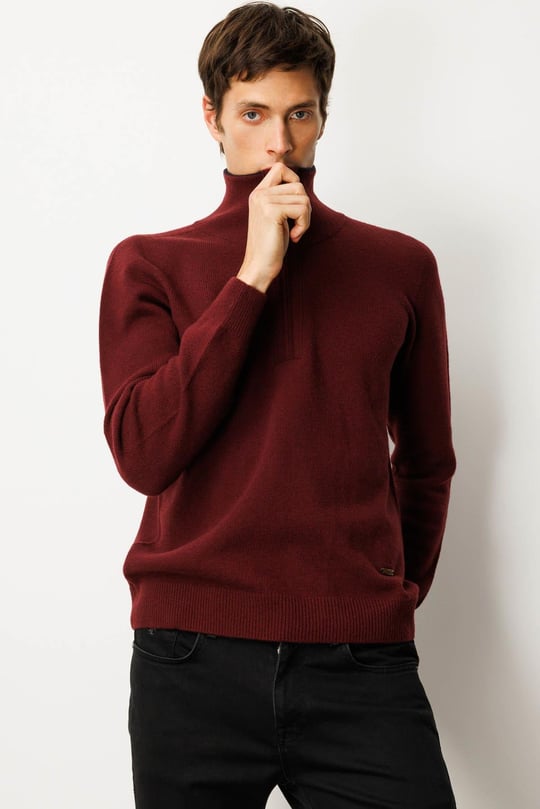 Erkek Yakası Fermuarlı Basic Yün Kazak Bordo