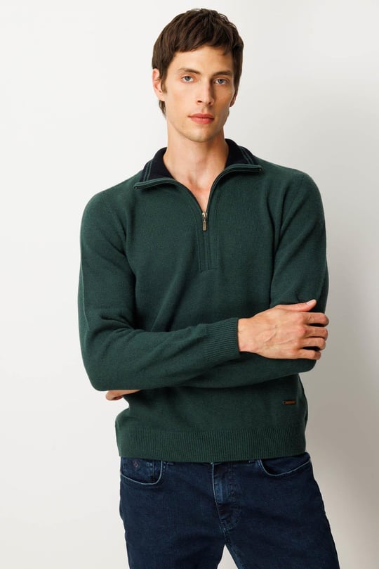 Erkek Yakası Fermuarlı Basic Yün Kazak Yeşil