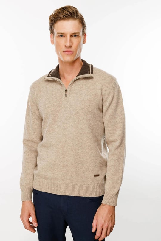 Erkek Yakası Fermuarlı Basic Yün Kazak K.Bej