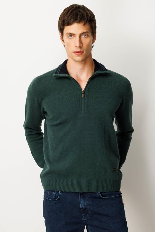 Erkek Yakası Fermuarlı Basic Yün Kazak Yeşil