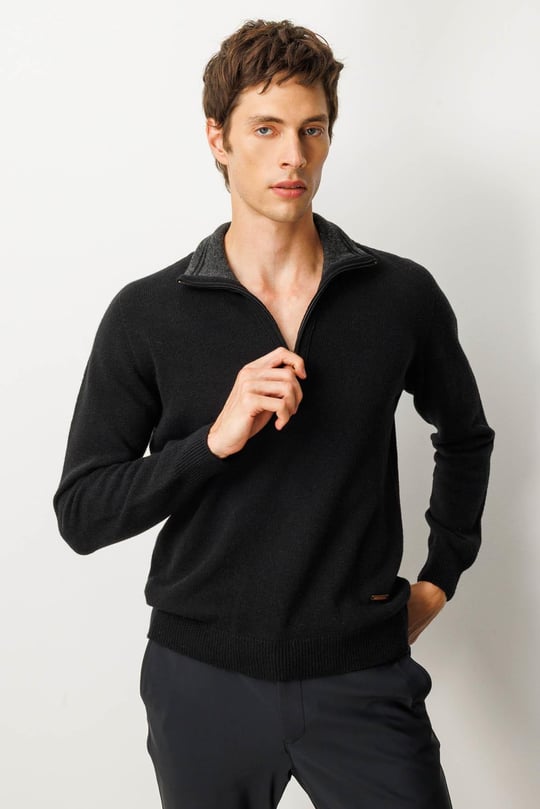 Erkek Yakası Fermuarlı Basic Yün Kazak Siyah