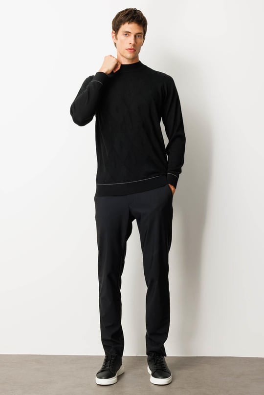 Erkek Yarım Balıkçı Yaka Çizgili Baklavalı Yün Kazak Siyah