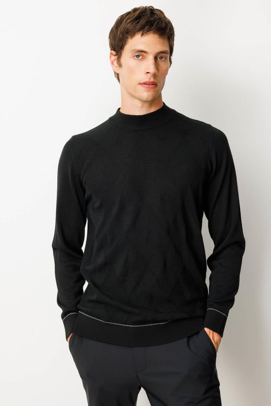 Erkek Yarım Balıkçı Yaka Çizgili Baklavalı Yün Kazak Siyah