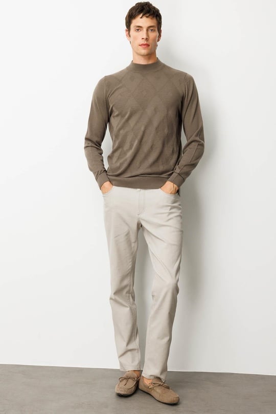 Erkek Yarım Balıkçı Yaka Çizgili Baklavalı Yün Kazak Vizon