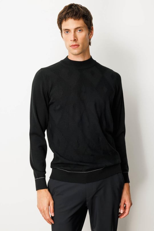 Erkek Yarım Balıkçı Yaka Çizgili Baklavalı Yün Kazak Siyah