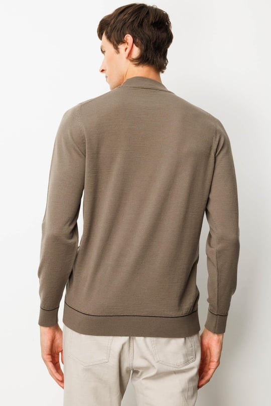 Erkek Yarım Balıkçı Yaka Çizgili Baklavalı Yün Kazak Vizon