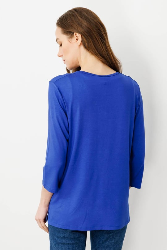 Kadın Açma Yaka Nakış İşlemeli Penye Bluz Saks