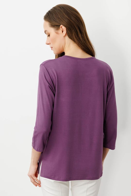 Kadın Açma Yaka Nakış İşlemeli Penye Bluz Lila