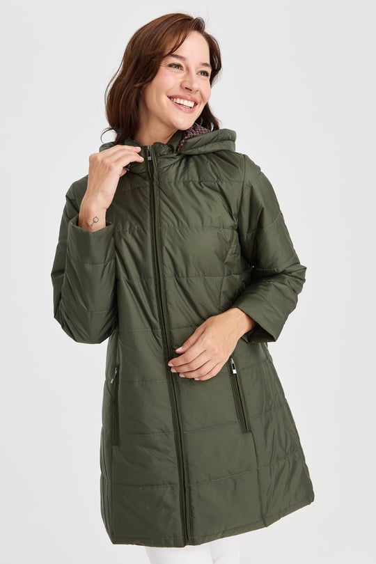 Womens Patterned Lined Quilted Coat Khaki