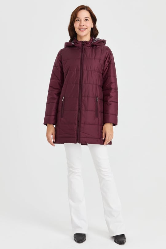 Womens Patterned Lined Quilted Coat Burgundy