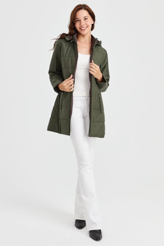 Womens Patterned Lined Quilted Coat Khaki
