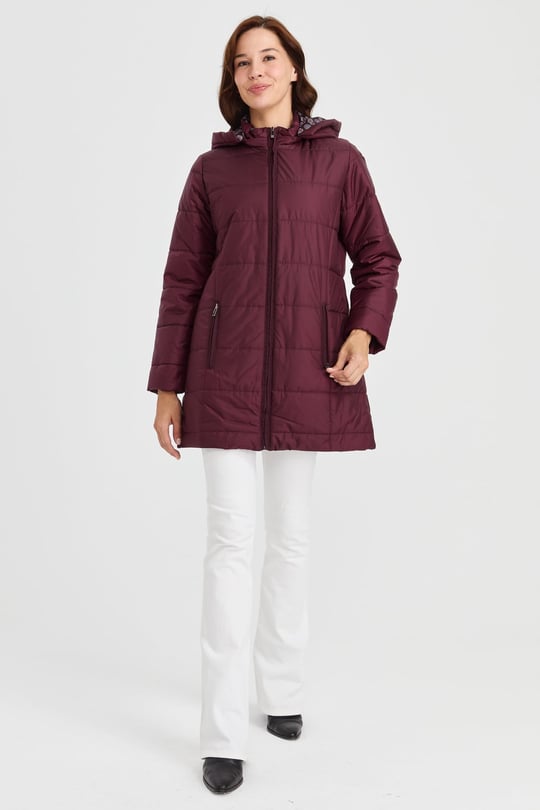 Womens Patterned Lined Quilted Coat Burgundy