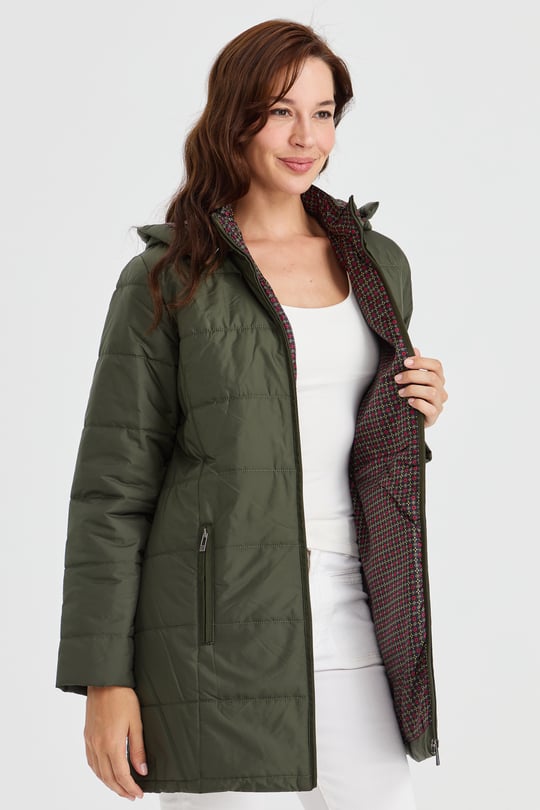 Womens Patterned Lined Quilted Coat Khaki