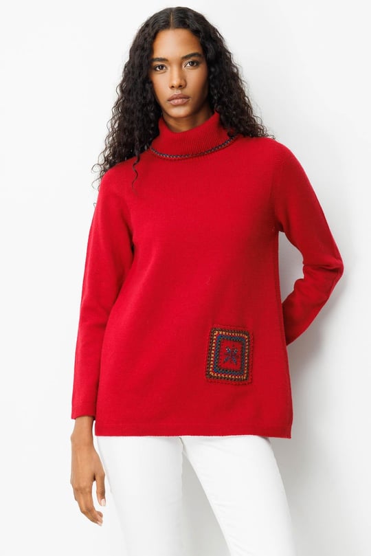 Kadın Degaje Yaka Cebi ve Yakası Tığlamalı Yün Kazak K.Kırmızı