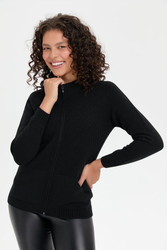 Womens High Collar Seamless Front Zipper Wool Cardigan