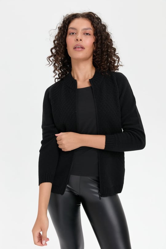 Womens High Collar Seamless Front Zipper Wool Cardigan