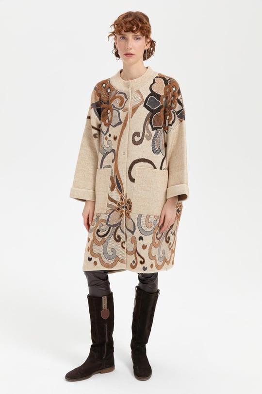 Kadın Dik Yaka Büyük Çiçekli Panço T.Melanj_Siyah Sim