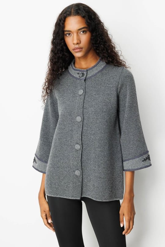 Kadın Dik Yaka Kolu ve Yakası Nakışlı Yün Ceket Füme