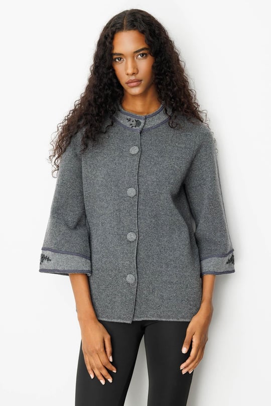 Kadın Dik Yaka Kolu ve Yakası Nakışlı Yün Ceket Füme