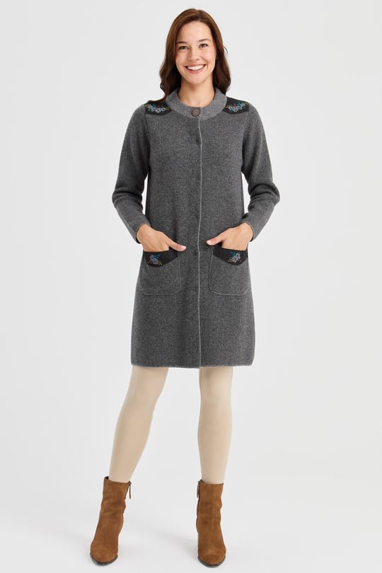 Womens Swan Neck Shoulder and Pocket Embroidered Long Wool Coat Gray